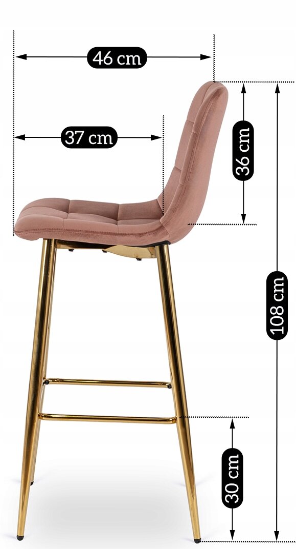 Hoker barowy z różowym welurowym siedziskiem i złotymi nogami, z wymiarami: szerokość siedziska 46 cm, głębokość siedziska 37 cm, wysokość oparcia 36 cm, całkowita wysokość 108 cm, wysokość od podłogi do siedziska 30 cm.