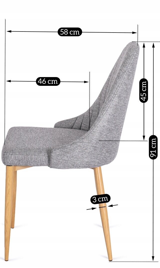 Obraz przedstawia szare, tapicerowane krzesło z drewnianymi nogami, z wymiarami: szerokość 58 cm, głębokość 46 cm, wysokość siedziska 45 cm, całkowita wysokość 91 cm, grubość nóg 3 cm.