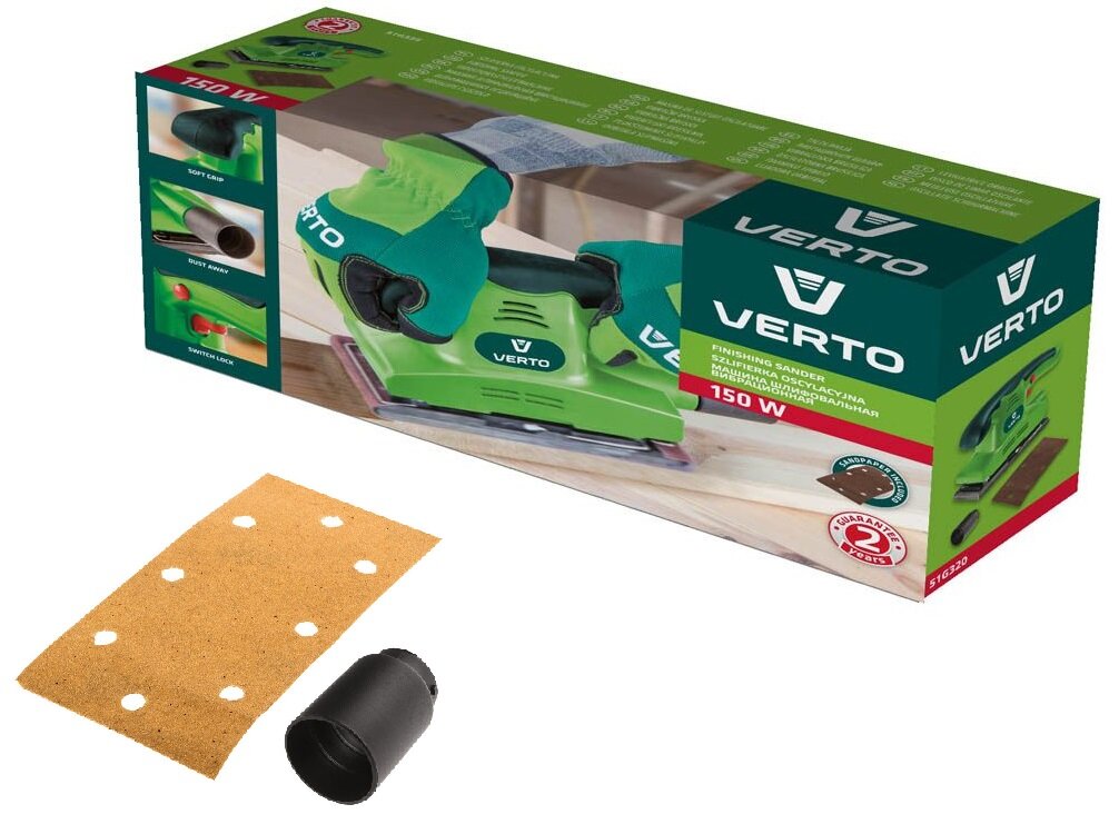 Szlifierka oscylacyjna VERTO 51G325 w zestawie zapasowe szczotki do silnika papier ścierny karta gwarancyjna instrukcja obsługi w polskiej wersji językowej