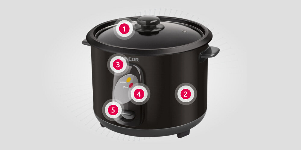 Ryżowar SENCOR SRM 1001BK pokrywka uchwyt otwór wyjmowane naczynie Kontrolka świetlna KEEP WARM Kontrolka świetlna COOK przełącznik tryb praca