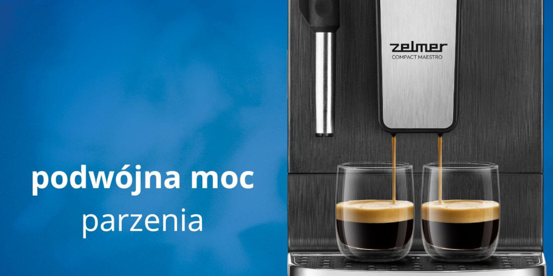 Ekspres ZELMER Compact Maestro ZCM8110 Kawa w podwójnym wydaniu! parzenie dwóch filiżanek jednocześnie dostosowanie mielenie ziafren parzenie dwóch filiżanek jednocześnie regulację mocy kawy 3 poziomy