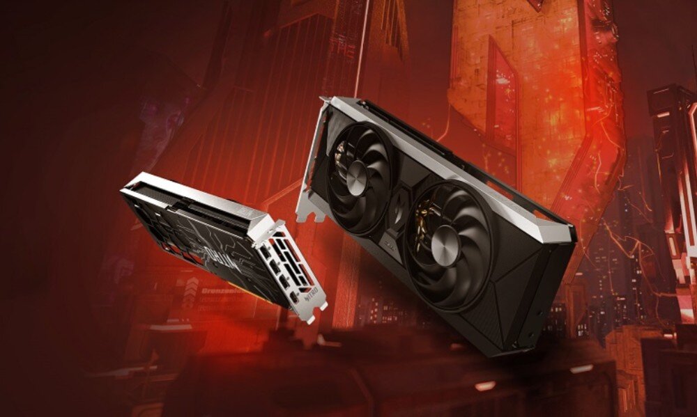 Karta graficzna ACER Nitro Intel Arc B570 OC 10GB Karta graficzna unosi się na tle futurystycznego miasta w czerwono-pomarańczowych barwach, opis