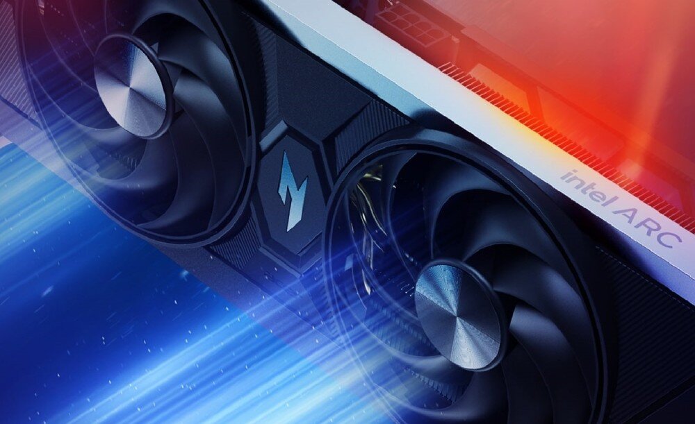 Karta graficzna ACER Nitro Intel Arc B570 OC 10GB Zbliżenie na wentylatory karty graficznej, które mają centralnie umieszczone metaliczne logo, chłodzenie, wentylatory, łożyska