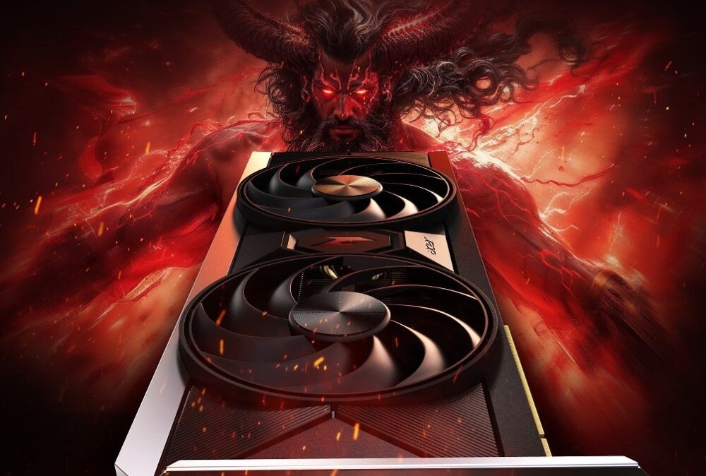 Karta graficzna ACER Nitro Intel Arc B570 OC 10GB Karta graficzna na tle ognistej sceny z postacią przypominającą demona, rozdzielczość, funkcje, technologie, ray tracing