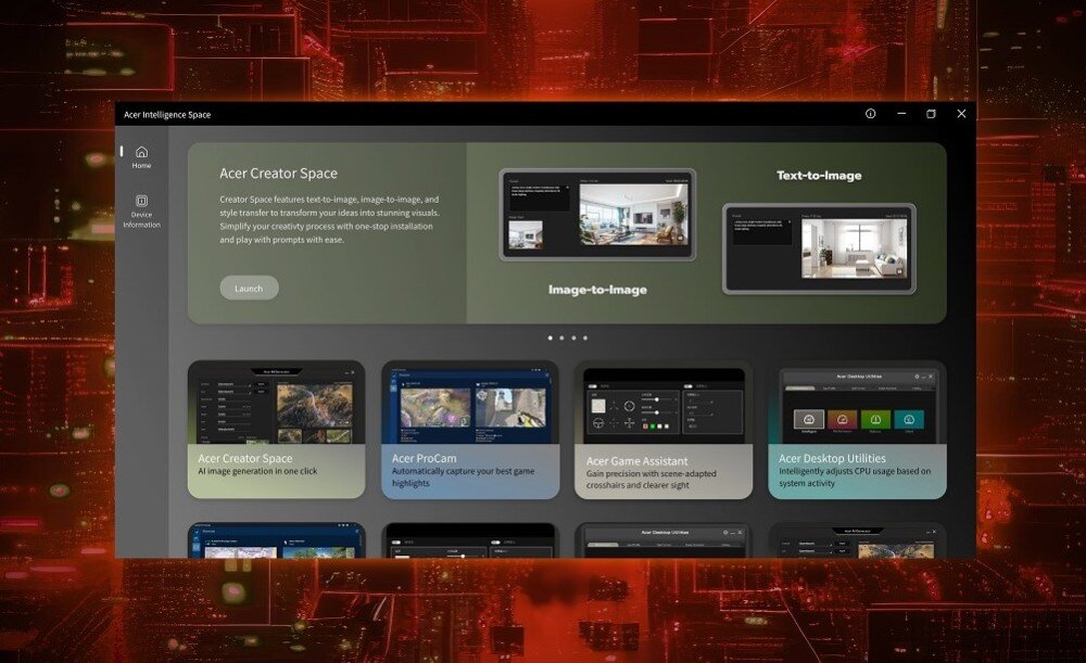 Karta graficzna ACER Nitro Intel Arc B570 OC 10GB interfejs oprogramowania Acer Intelligence Space z różnymi narzędziami wspomagającymi tworzenie treści, edycję wideo i optymalizację gier, narzędzia, funkcje