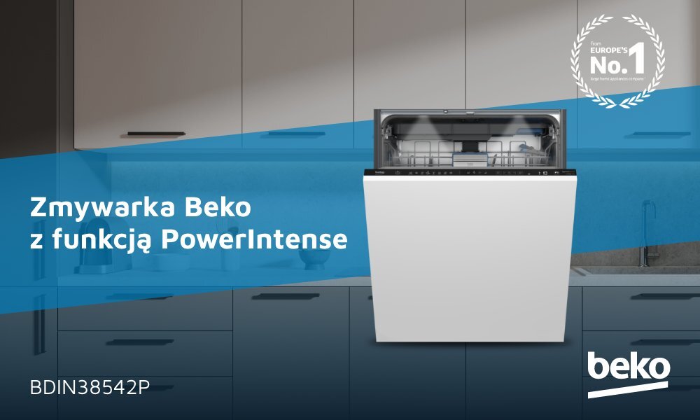 ZMYWARKA BEKO BDIN38542P C wizualizacja kuchnia w tle model marka zmywarka front kolor biały model do zabudowy zamknięta panel wyświetlacz