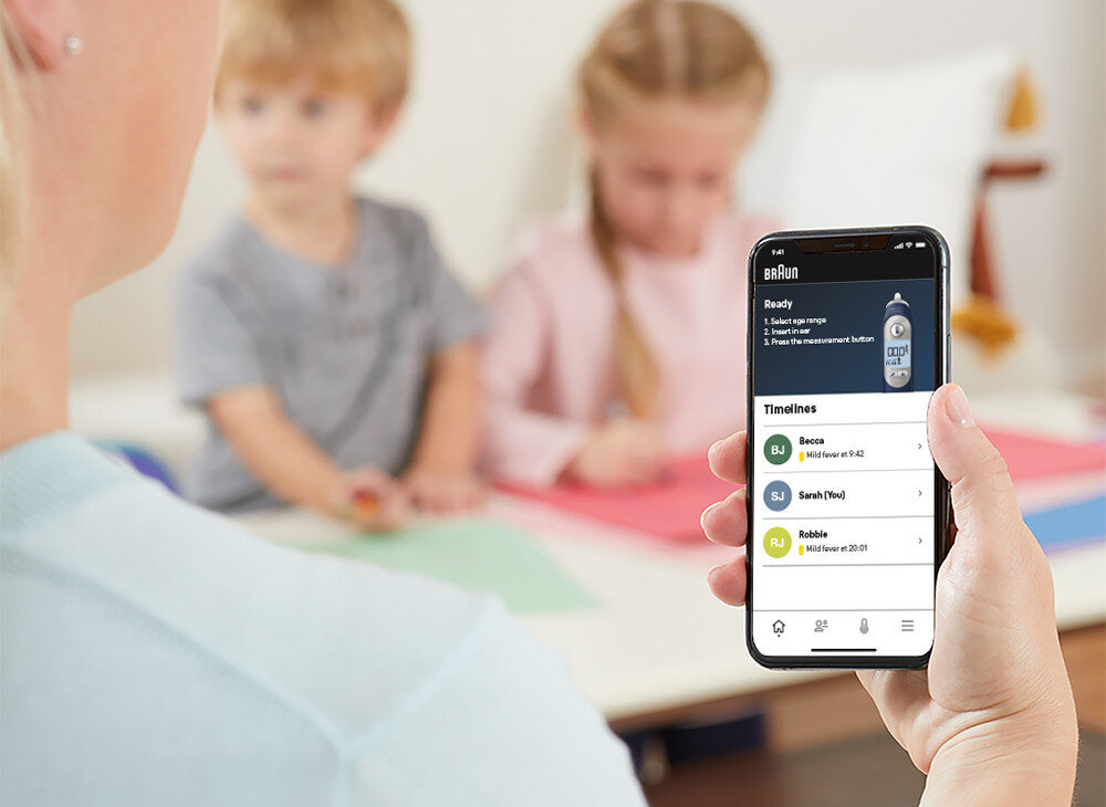 Termometr BRAUN Thermoscan 7+ Connect IRT6575 Łączność Bluetooth aplikacja Braun Family Care™ śledzenie historia przypomnienie