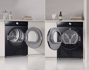 Zmiana kierunku otwierania drzwi Zdjęcie przedstawia suszarkę Bespoke AI 9kg DV90DB7845GBU4 z funkcją zmiany kierunku otwierania drzwi, co pozwala na łatwe dopasowanie urządzenia do przestrzeni w Twoim domu.