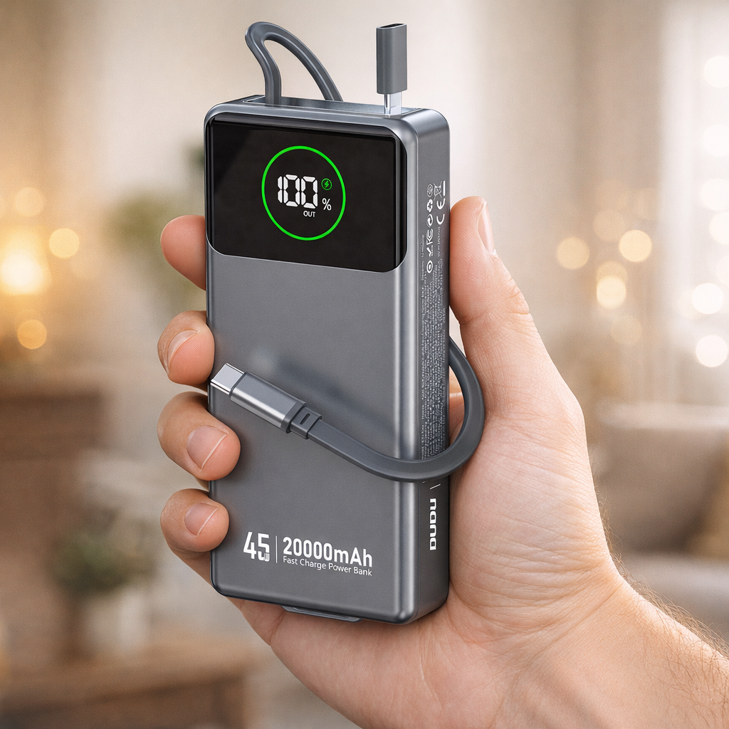 Osoba trzyma szary powerbank z wbudowanym zwijanym kablem USB-C. Na urządzeniu widoczny jest wyświetlacz z napisem \'100% OUT\' oraz oznaczenia \'45W 20000mAh Fast Charge Power Bank\'.