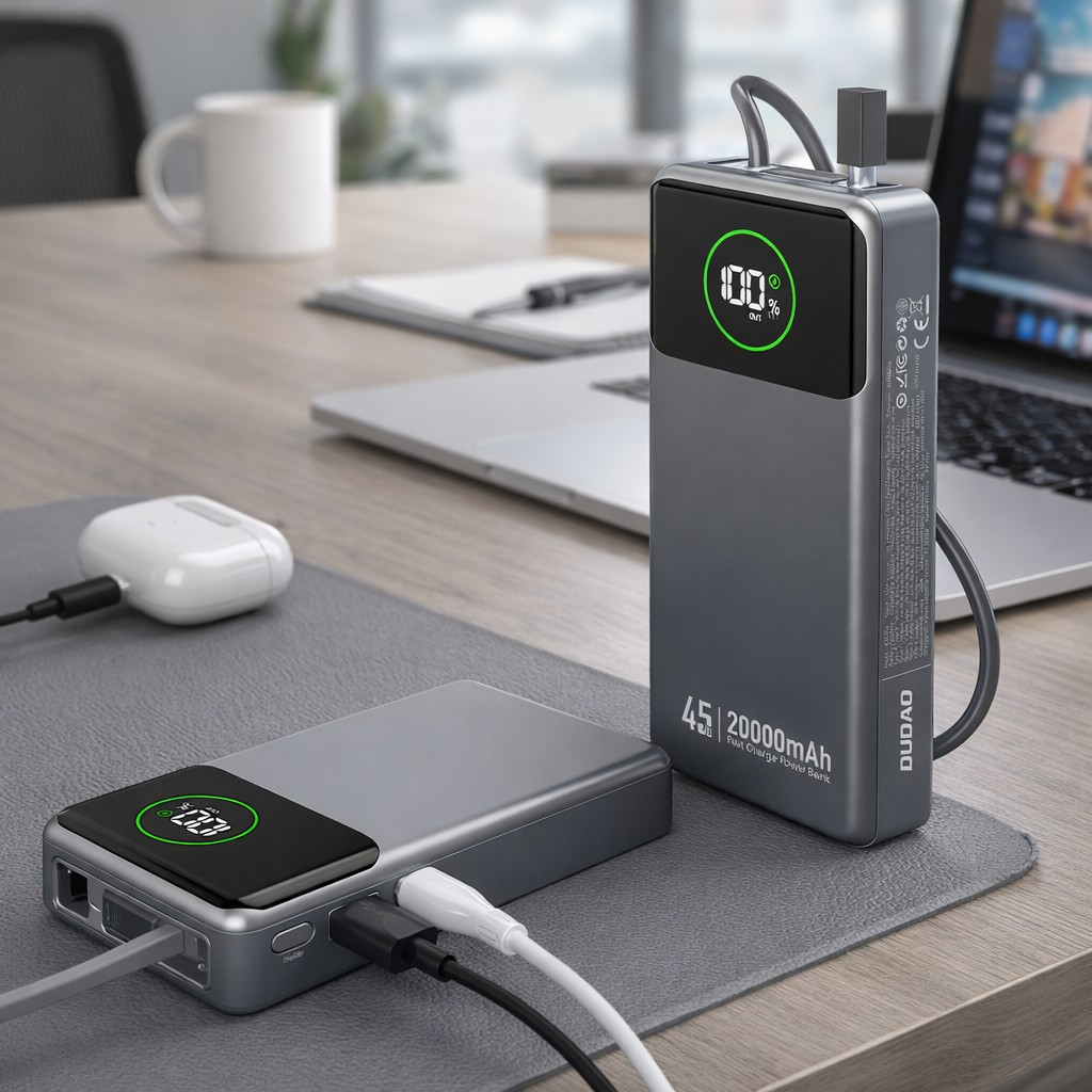 Na biurku znajdują się dwa szare powerbanki z wyświetlaczami pokazującymi poziom naładowania. Na jednym z nich widoczny jest napis \'45W 20000mAh\' oraz logo \'DUDAO\'.