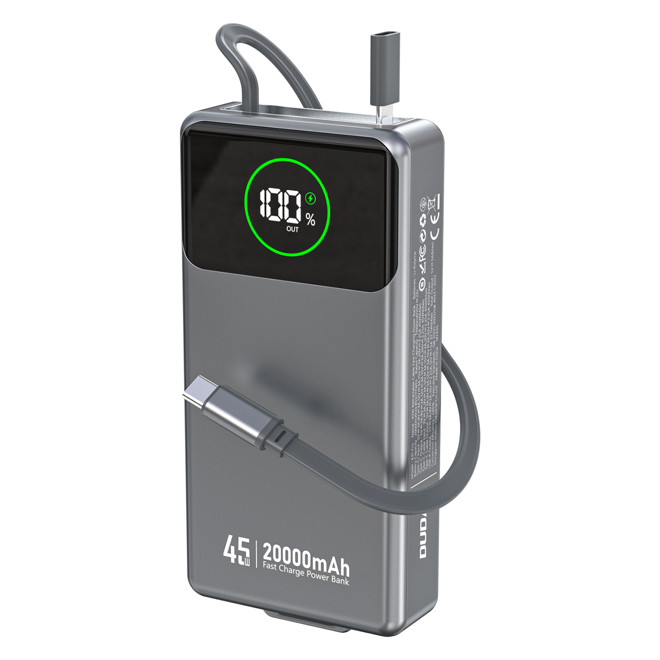 Szary powerbank z wbudowanym zwijanym kablem USB-C, wyświetlaczem pokazującym 100% naładowania oraz oznaczeniem 45W 20000mAh Fast Charge Power Bank.