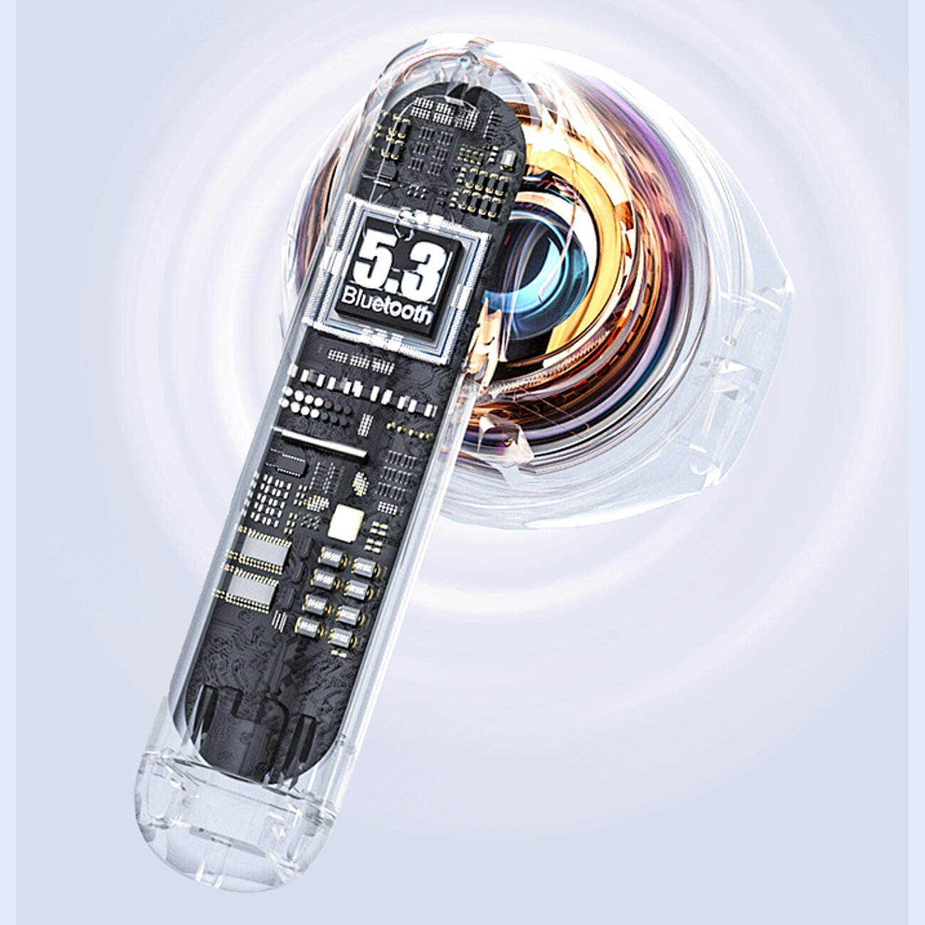 Obraz przedstawia przezroczysty element elektroniczny z widocznymi układami scalonymi i napisem \'5.3 Bluetooth\'. W tle widoczny jest kolorowy, spiralny wzór.