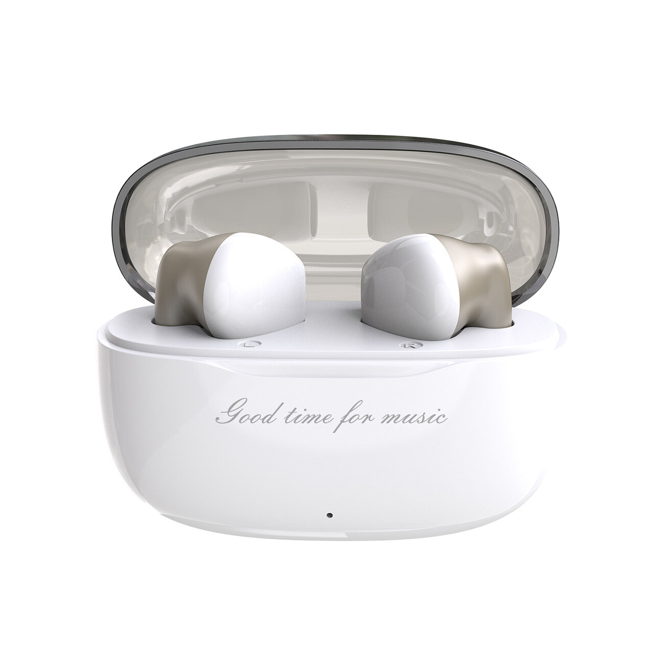 Białe słuchawki bezprzewodowe douszne w etui ładującym z napisem \'Good time for music\'.