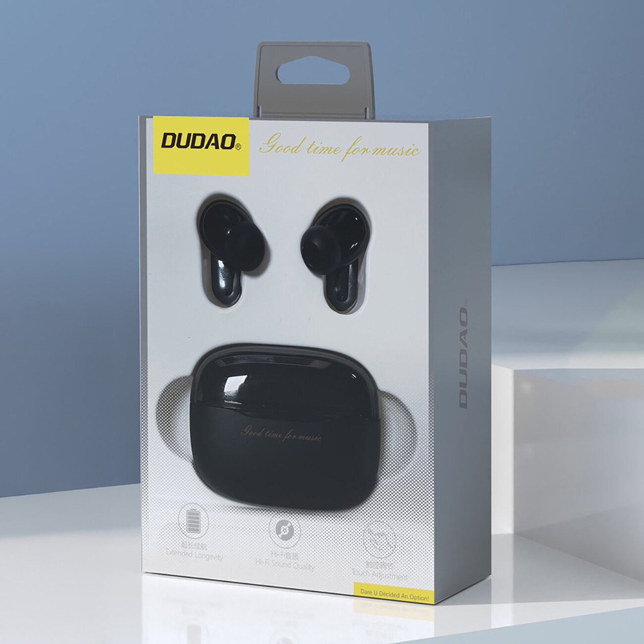 Opakowanie słuchawek bezprzewodowych Dudao U8 Pro Tws w kolorze czarnym z widocznym logo \'DUDAO\' i napisem \'Good time for music\'.
