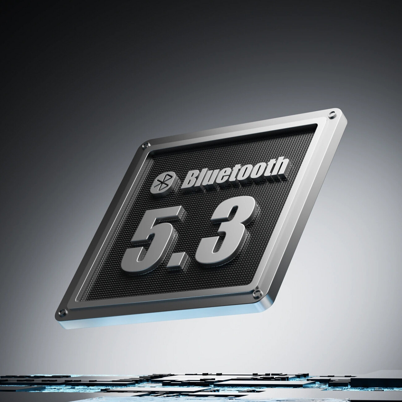 Obraz przedstawia metalową tabliczkę z napisem \'Bluetooth 5.3\'.