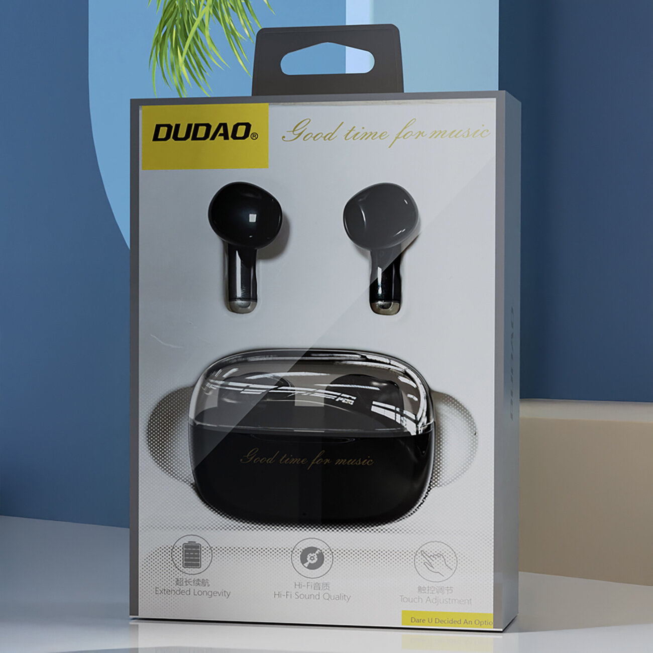 Opakowanie słuchawek bezprzewodowych z logo \'DUDAO\' i napisem \'Good time for music\'. Widoczne są czarne słuchawki douszne oraz etui ładujące z przezroczystą pokrywą.