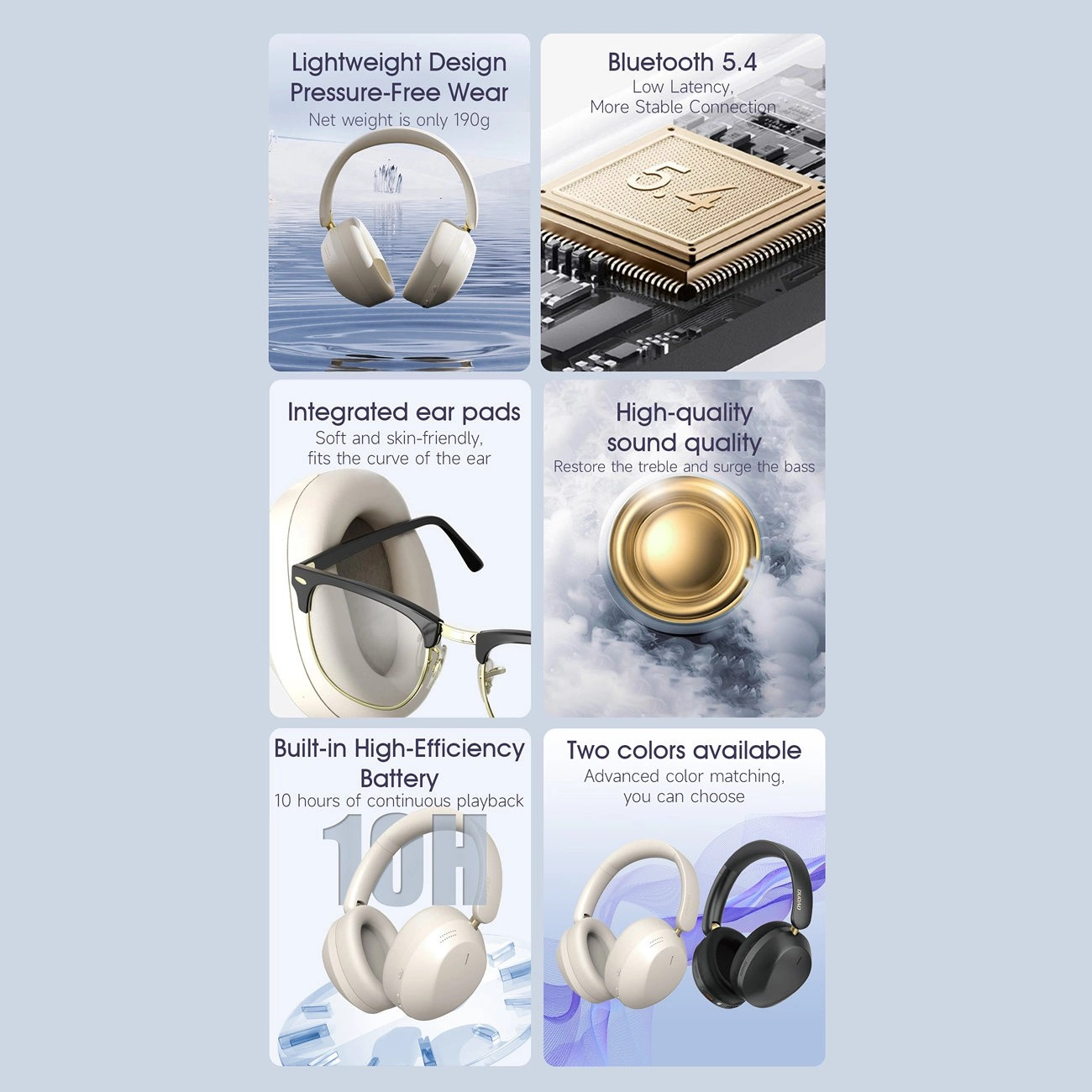 Obraz przedstawia sześć grafik promujących słuchawki bezprzewodowe. Zawierają teksty: \'Lightweight Design Pressure-Free Wear\', \'Bluetooth 5.4\', \'Integrated ear pads\', \'High-quality sound quality\', \'Built-in High-Efficiency Battery\', \'Two colors available\'.