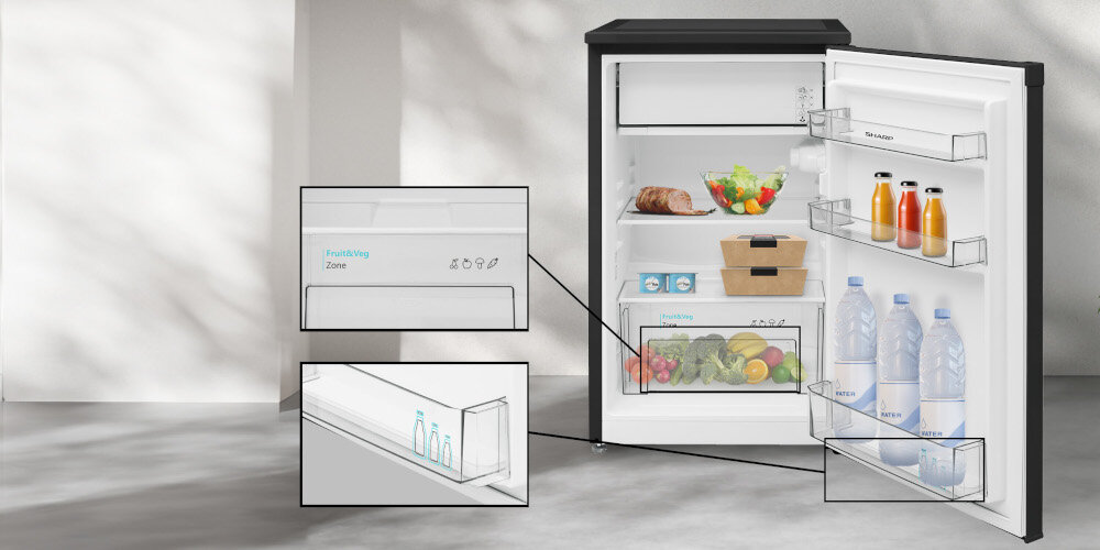 LODÓWKA SHARP SJ-UE088T0B-EU chłodziarka półki szuflada owoce warzywa Wnętrze