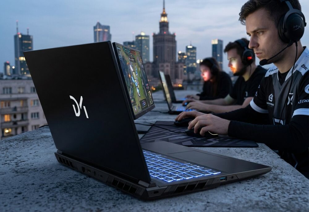 Gracze korzystają z laptopów Dream Machines z podświetlaną klawiaturą podczas turnieju e-sportowego na tle miejskiej panoramy