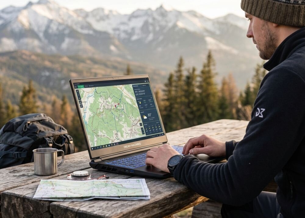 Osoba korzysta z laptopa Dream Machines z podświetlaną klawiaturą podczas planowania trasy na mapie w górskim schronisku