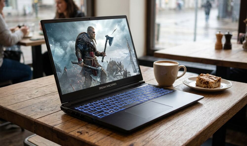 Laptop Dream Machines z podświetlaną klawiaturą wyświetla grę RPG podczas rozrywki w kawiarni i pracy mobilnej  