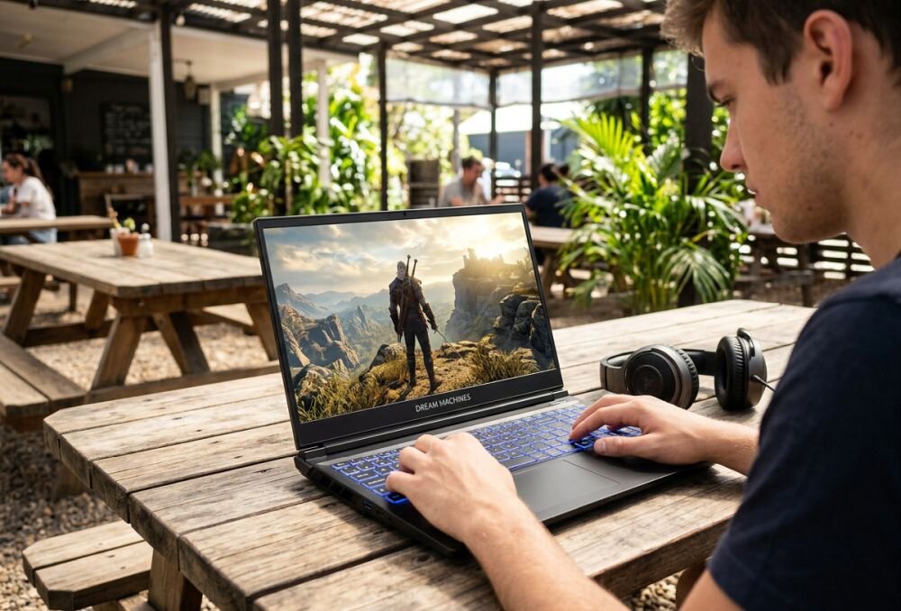 Osoba gra na laptopie Dream Machines z podświetlaną klawiaturą podczas rozgrywki gamingowej w ogrodowej przestrzeni kawiarnianej