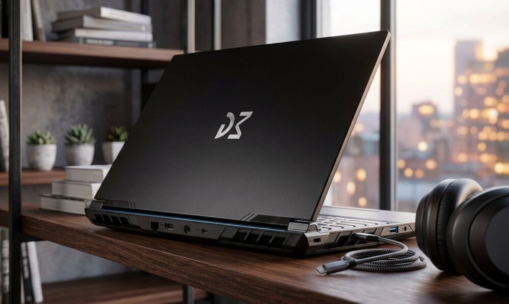 Laptop Dream Machines prezentuje obudowę oraz porty USB-C i HDMI na biurku podczas konfiguracji stanowiska gamingowego 