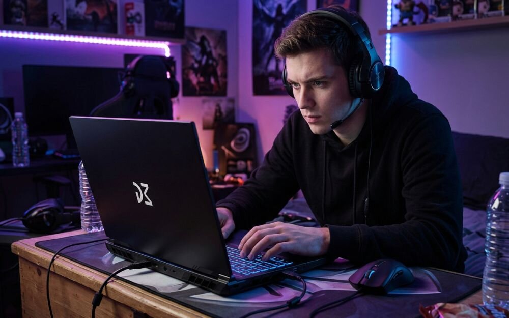 Osoba korzysta z laptopa Dream Machines z podświetlaną klawiaturą podczas rozgrywki gamingowej przy domowym stanowisku gracza