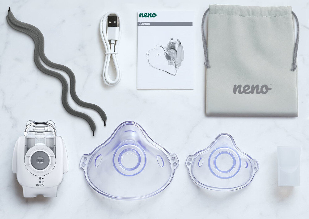 Inhalator nebulizator ultradźwiękowy NENO Atemo zdjęcie lifestyle zawartość zestawu zestaw wyposażenie