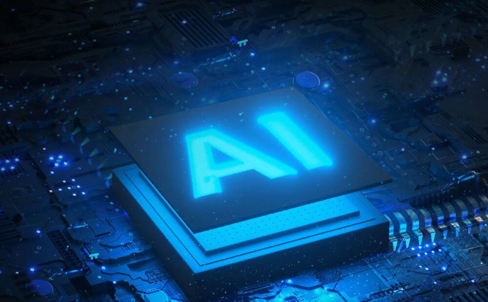 Komputer MSI MPG Infinite X3 AI 2NVP7-619EU Niebieski symbol AI świecący na powierzchni układu scalonego, otoczony przez inne elementy elektroniczne i rozproszone punkty świetlne, procesor, rdzenie, taktowanie, pamięć podręczna