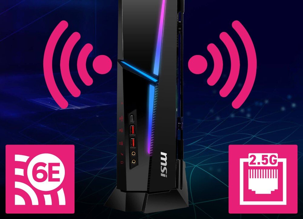 Komputer MSI MPG Trident AS AI 2NVP7-101EU Czarna, smukła obudowa komputera ustawiona przodem na podstawce, otoczona dwoma dużymi, różowymi symbolami fali radiowej, z logotypami '6E' oraz '2.5G' na dole, na ciemnoniebieskim, technicznym tle, karta Wi-Fi, Bluetooth