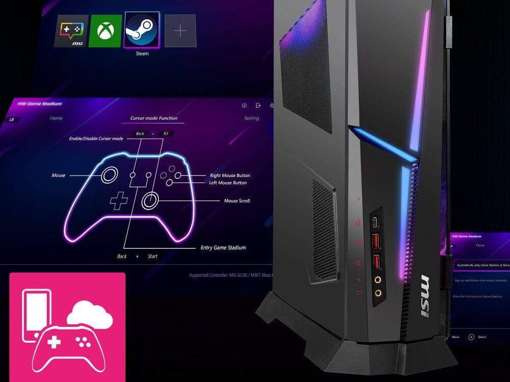 Komputer MSI MPG Trident AS AI 2NVP7-101EU Czarna obudowa komputera na tle interfejsu programu 'MSI Game Stadium' wyświetlającego schemat kontrolera gier z opisem przycisków oraz ikony platform Steam i Xbox, aplikacja, narzędzia