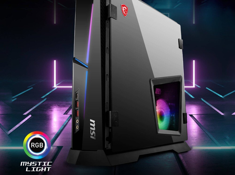 Komputer MSI MPG Trident AS AI 2NVP7-101EU Smukła obudowa komputera z podświetleniem RGB stojąca w futurystycznym pomieszczeniu z fioletowymi neonami, w dolnym rogu logotyp 'MYSTIC LIGHT' z kolorowym okręgiem, podświetlenie, efekty, kolory