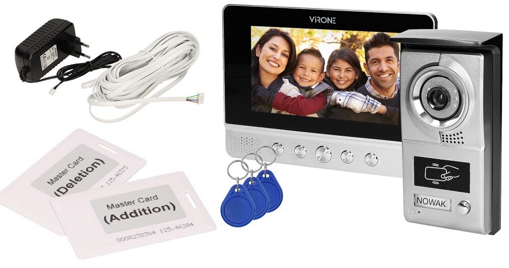 Wideodomofon ORNO VDP-40 zestaw monitor kaseta zewnetrzna 2 karty zblizeniowe 3 breloki zblizeniowe zasilacz zewnetrzny 15VDC/1200mA dokumentacja