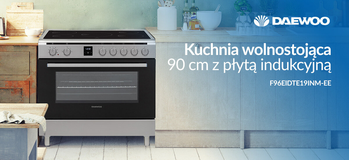 KUCHNIA DAEWOO F96EIDTE19INM-EE Kuchenka wolnostojąca Daewoo z opisem modelu i wymiaru 90 cm. Prezentacja produktu