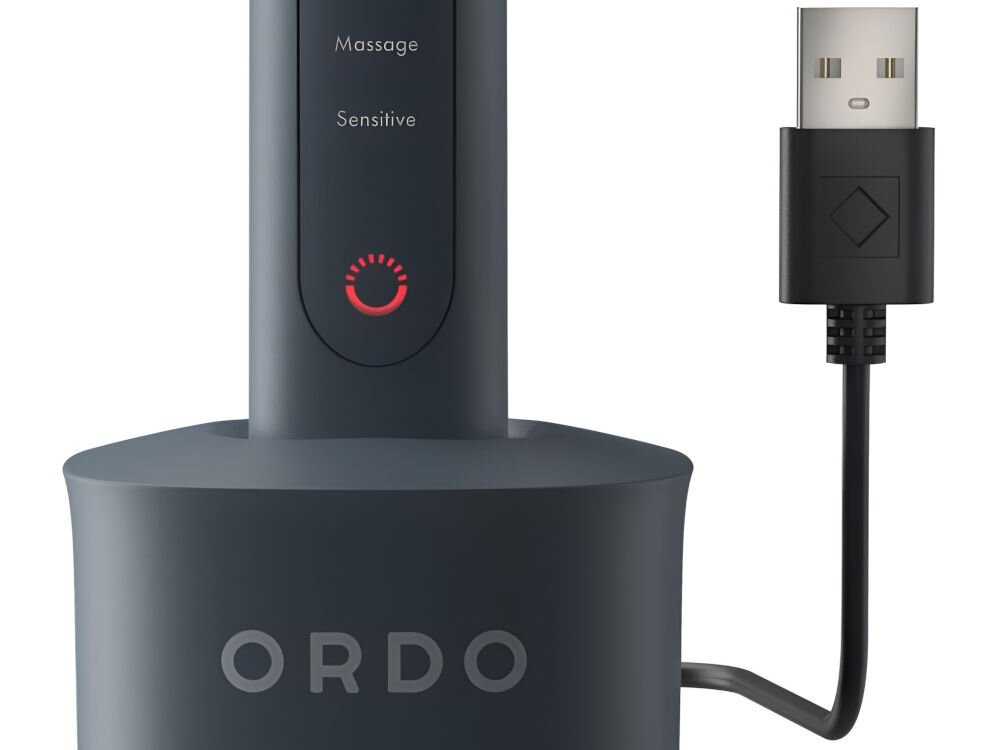 Szczoteczka soniczna ORDO Sonic+ Ciemnoszary wydajny akumulator litowo-jonowy około 3 tygodni pracy jedno ładowanie 480 min ładowarka indukcyjna ze złączem USB-C wygodne szybkie ładowanie wodoodporna konstrukcja IPX 7 bezpieczne użytkowanie 