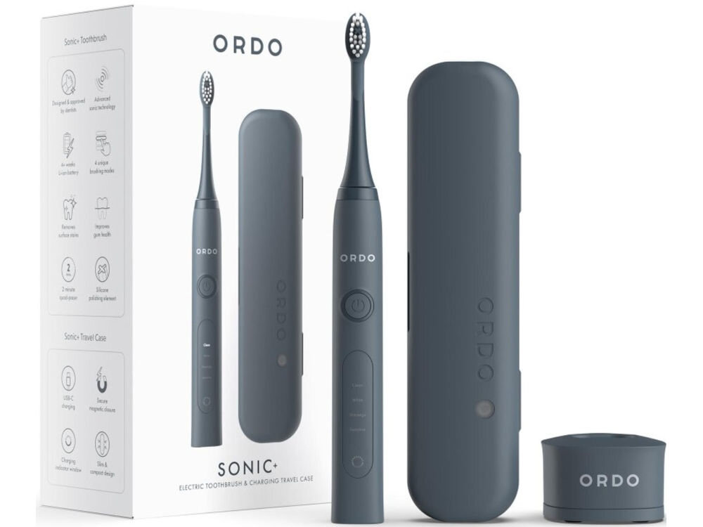 Szczoteczka soniczna ORDO Sonic+ Ciemnoszary etui podróżne dokumentacja przewód do ładowania USB-A/USB-C