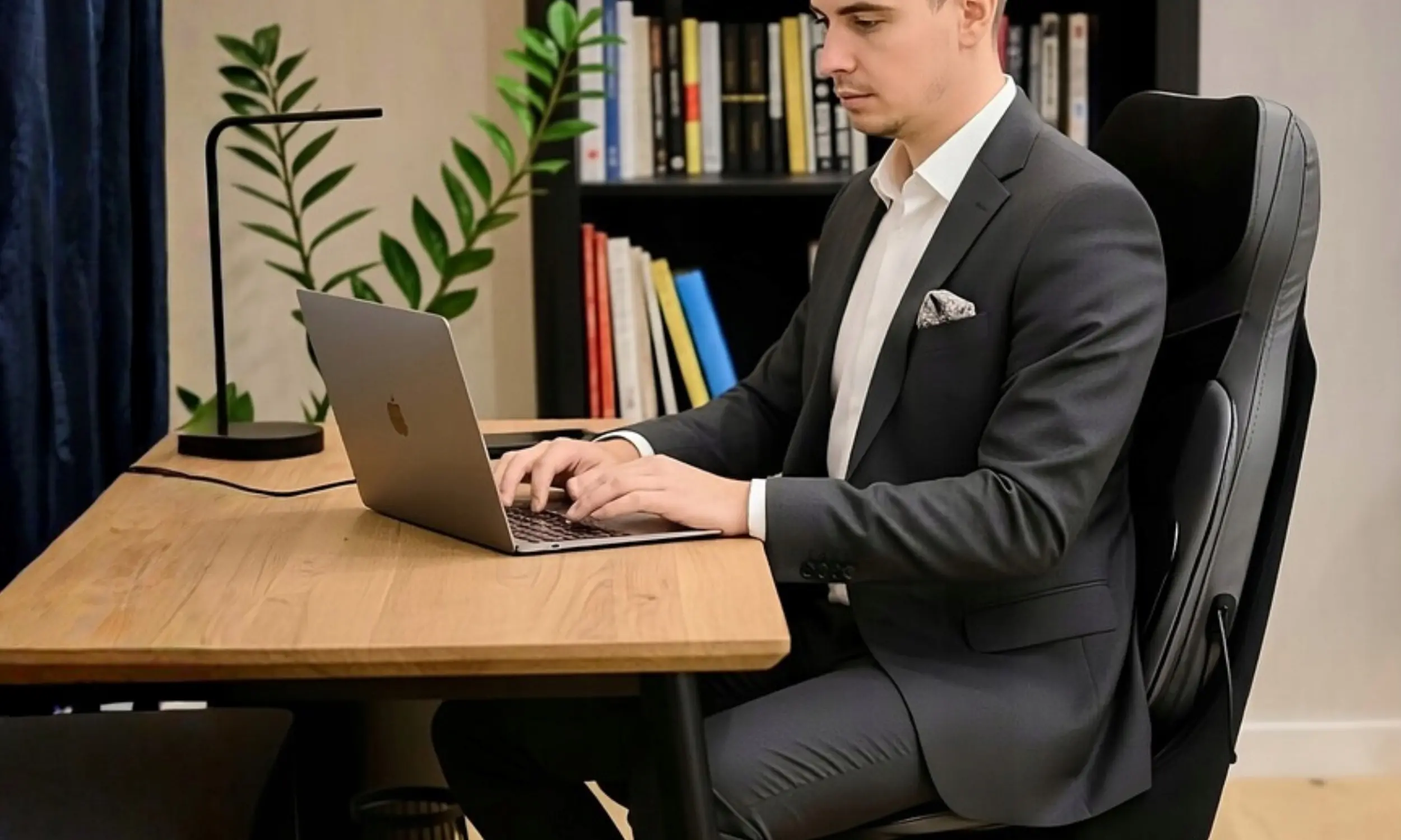 Osoba w garniturze siedzi przy biurku, pracując na laptopie. Na krześle znajduje się mata masująca, a w tle widać półkę z książkami i roślinę.