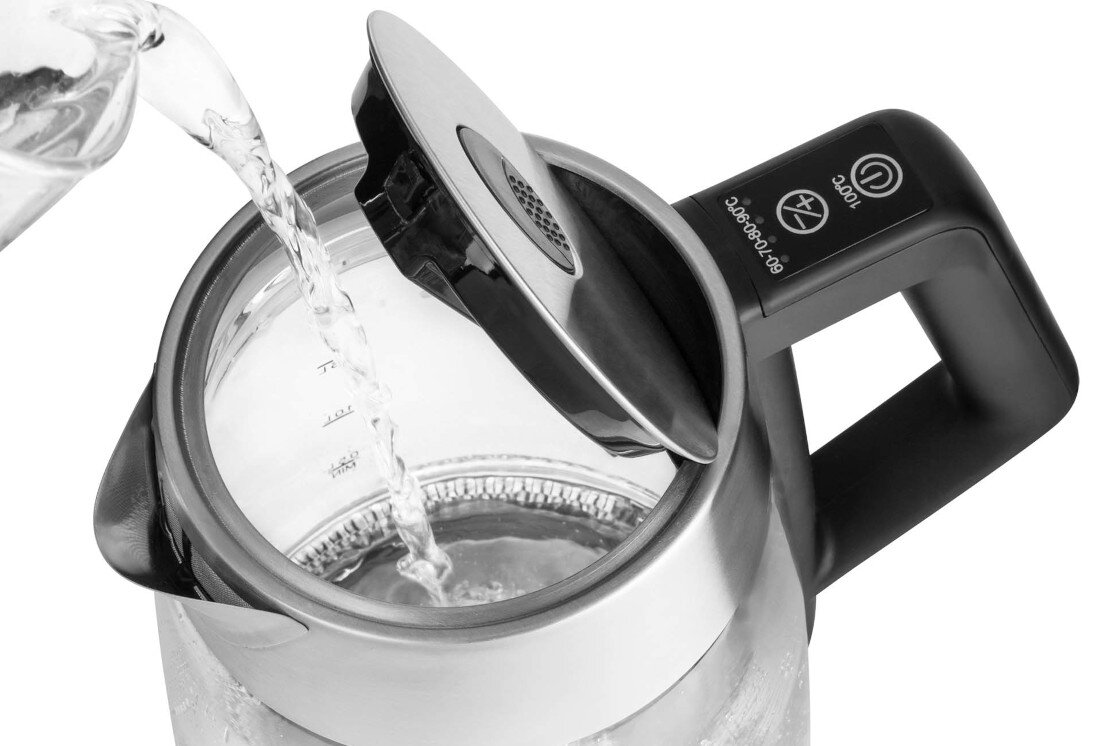 Czajnik SENCOR SWK 1890SS wygoda obsługa Łatwe otwieranie pokrywy wbudowany przycisk Dno grzewcze wykonanie stal nierdzewna zakryta spirala ułatwienie czyszczenie