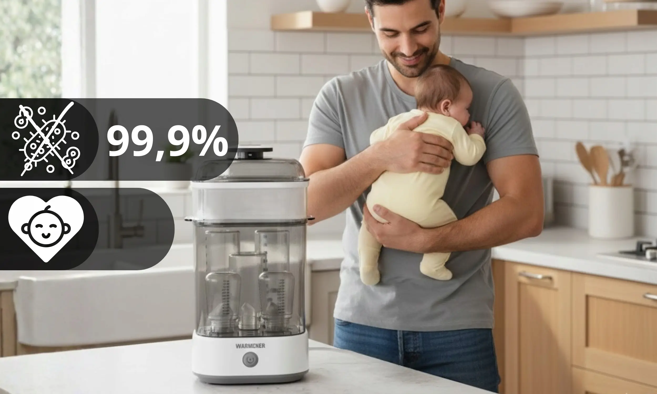 Na blacie kuchennym stoi sterylizator do butelek z logo WARMENER, obok którego osoba trzyma dziecko. Na obrazie widoczne są ikony z tekstem \'99,9%\'.