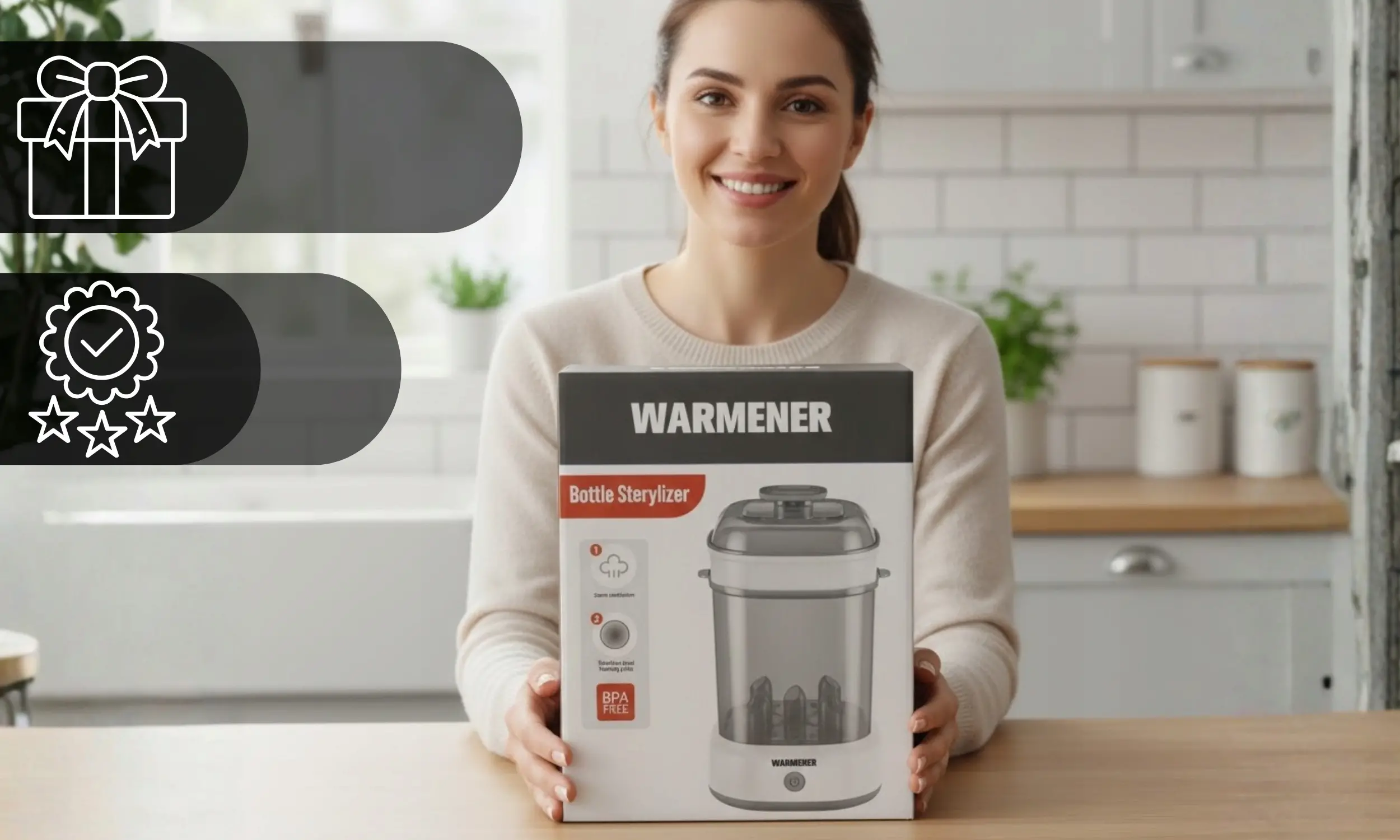 Osoba trzyma pudełko z produktem oznaczonym jako \'WARMENER Bottle Sterylizer\'. W tle widać kuchnię z białymi kafelkami i drewnianym blatem.