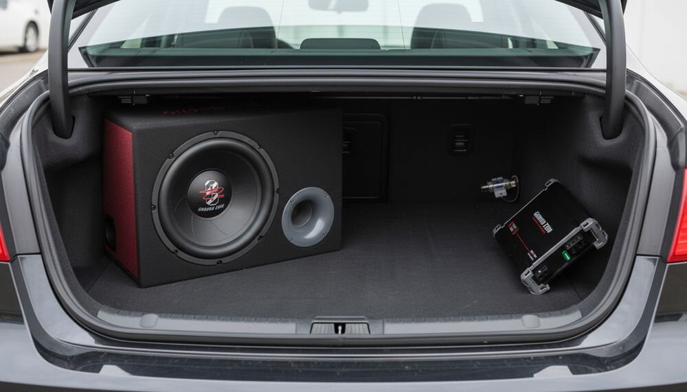 Subwoofer GROUND ZERO GZ 12.300X-II Connect 12 cali 300 W głęboki bas, urządzenie w bagażniku auta