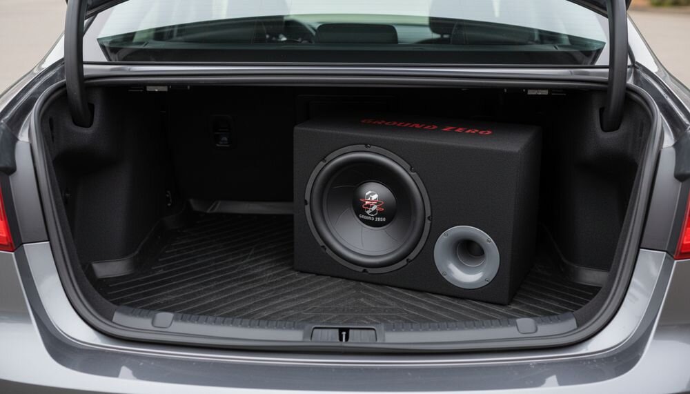 Subwoofer GROUND ZERO GZ 12.300X-II Connect 12 cali 30 cm membrana IMPP 4 Ω 300 W, urządzenie w bagażniku auta