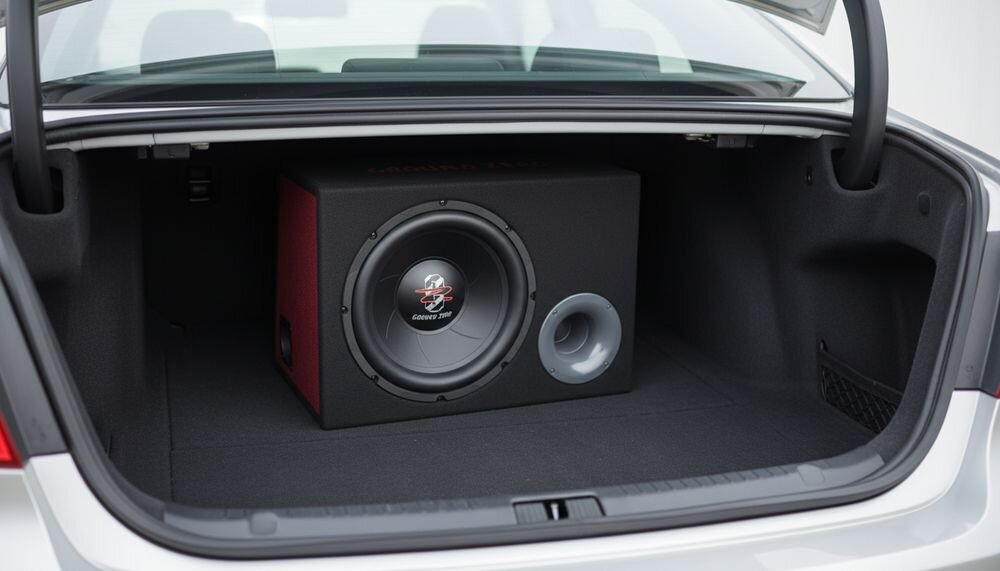 Subwoofer GROUND ZERO GZ 12.300X-II Connect wentylowana obudowa 1,41 ft³ port aerodynamiczny 520 x 360 x 250 mm, urządzenie w bagażniku auta