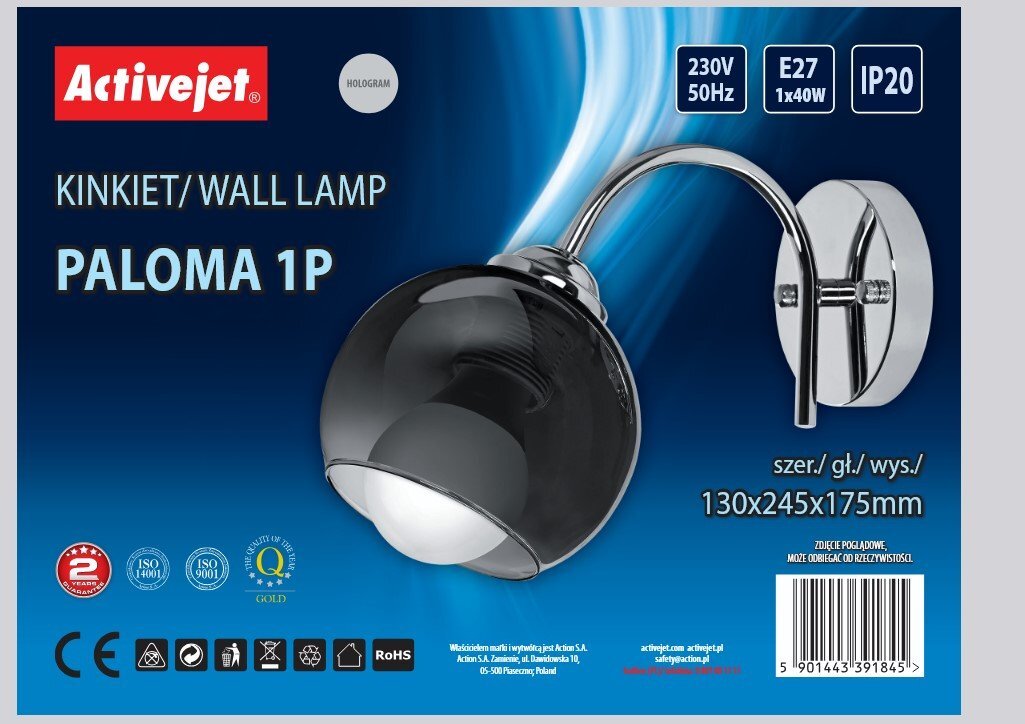 Opakowanie kinkietu ściennego Paloma 1P marki Activejet z czarnym szklanym kloszem i chromowanym wysięgnikiem. Widoczne są specyfikacje: 230V, 50Hz, E27, 1x40W, IP20 oraz wymiary 130x245x175mm.