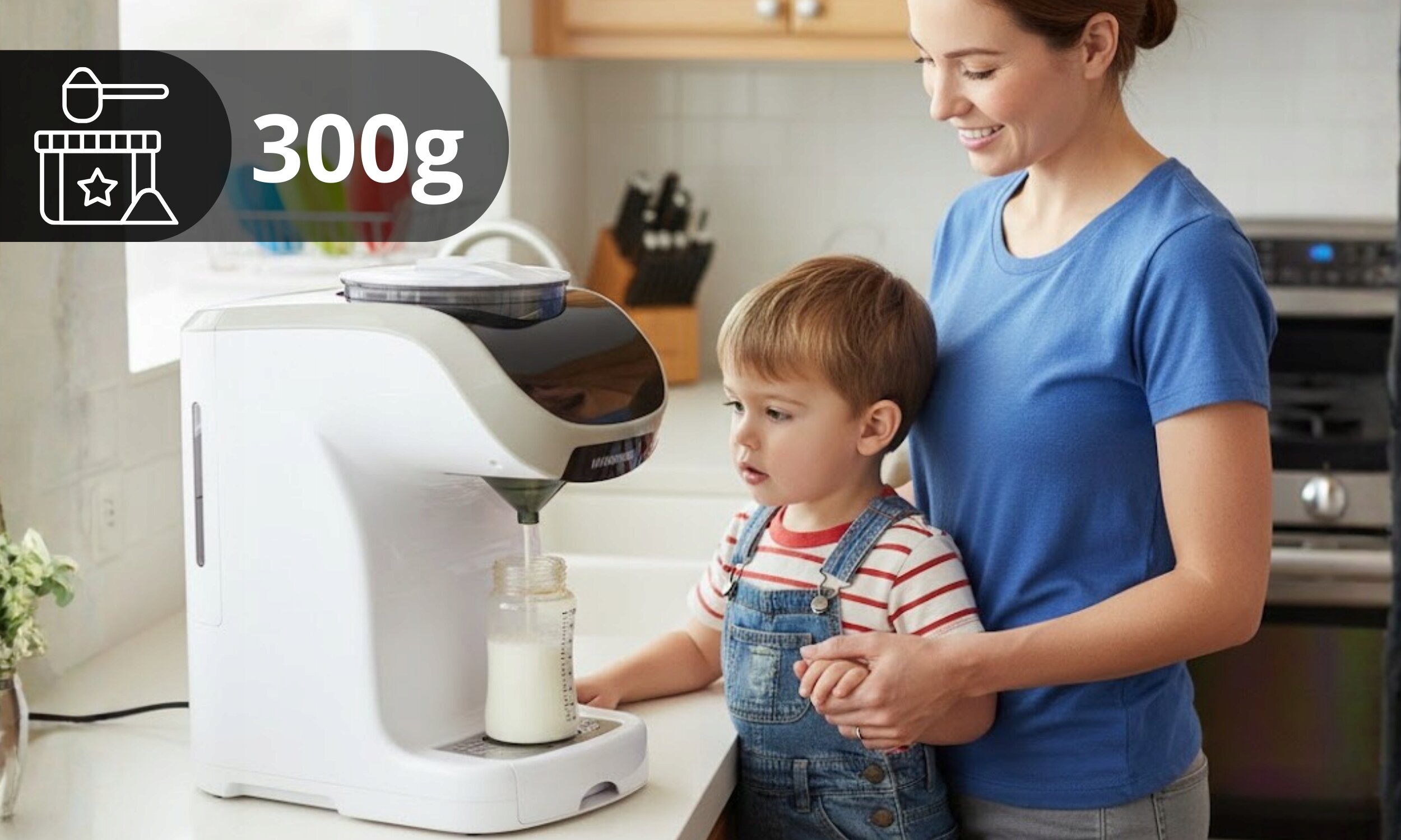 Na blacie kuchennym stoi biały ekspres do mleka modyfikowanego, z którego nalewane jest mleko do butelki. Obok urządzenia znajduje się kobieta z dzieckiem, a w rogu obrazu widoczna jest grafika z napisem \'300g\'.