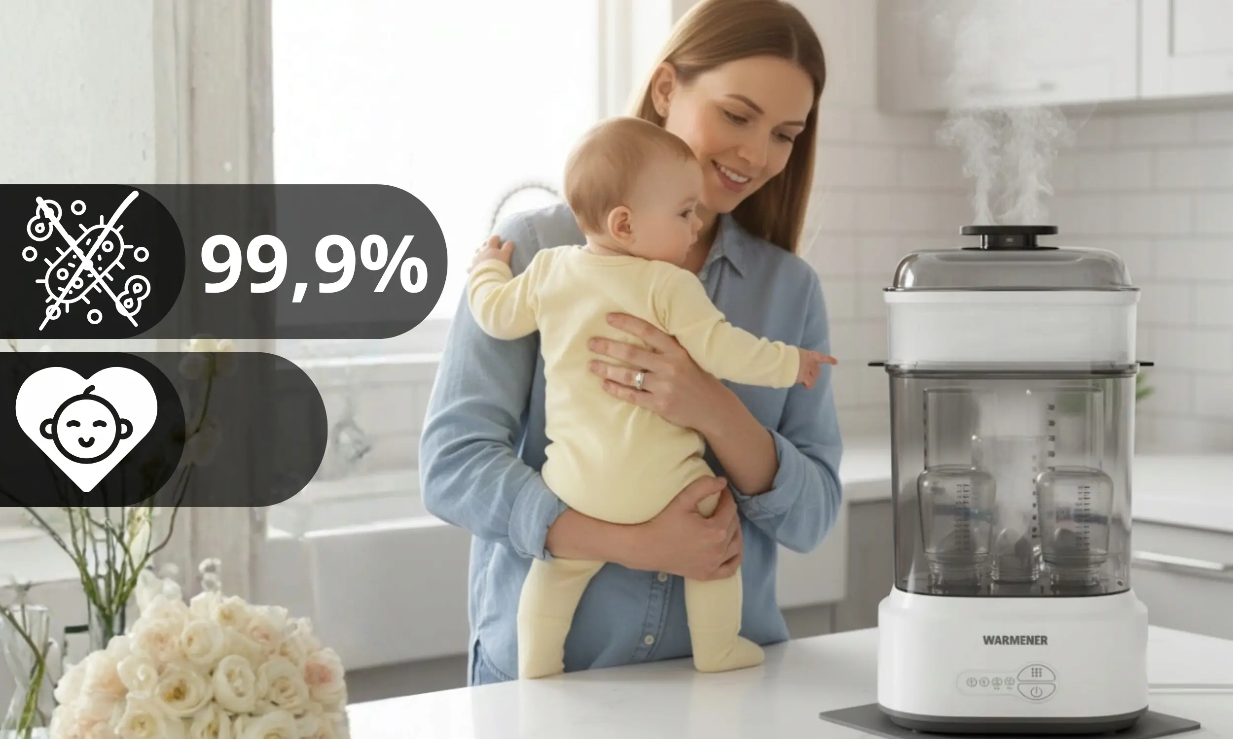 Kobieta trzymająca dziecko stoi obok elektrycznego sterylizatora parowego z suszarką marki WARMENER, z którego unosi się para. Na obrazie widoczne są ikony z tekstem \'99,9%\'.