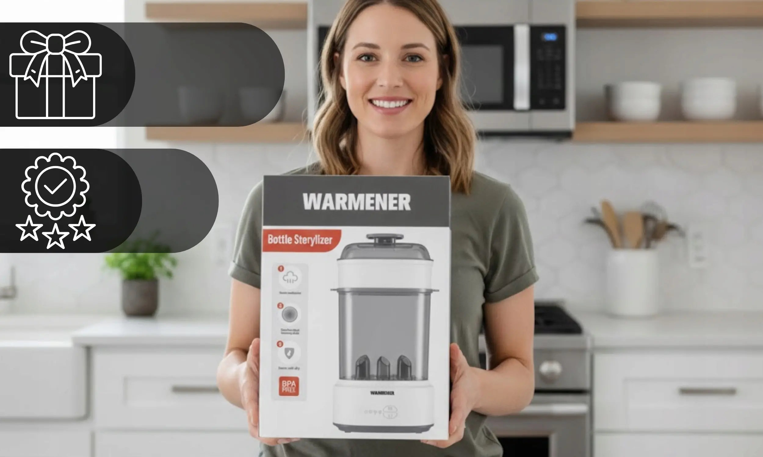 Osoba trzyma pudełko z napisem \'WARMENER Bottle Sterylizer\' w kuchni. Na pudełku widoczne są ikony i teksty dotyczące funkcji produktu, takie jak \'BPA FREE\'.