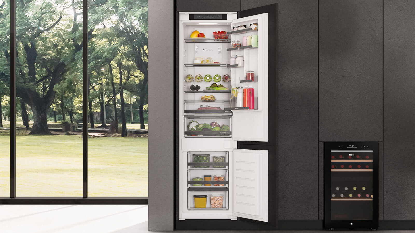 HAIER HBW5719E design szklane półki wnętrze szkło hartowane czystość