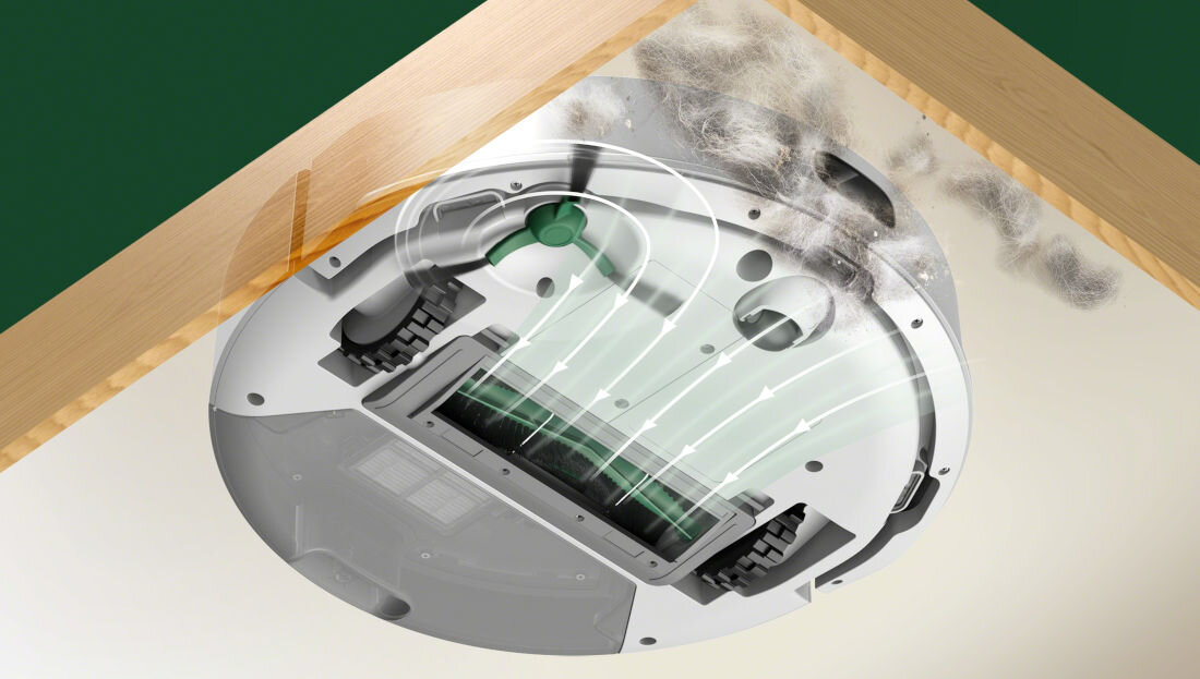 Robot sprzątający IROBOT Roomba Combo 105 AutoEmpty Biały czyszczenie narożników boczna szczotka usuwa kurz i brud z krawędzi dociera pod meble i w narożniki